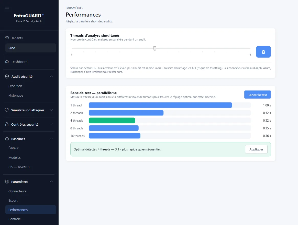 Performance settings: concurrent analysis thread slider and a parallelism benchmark comparing run times at 1, 2, 4, 8 and 16 threads